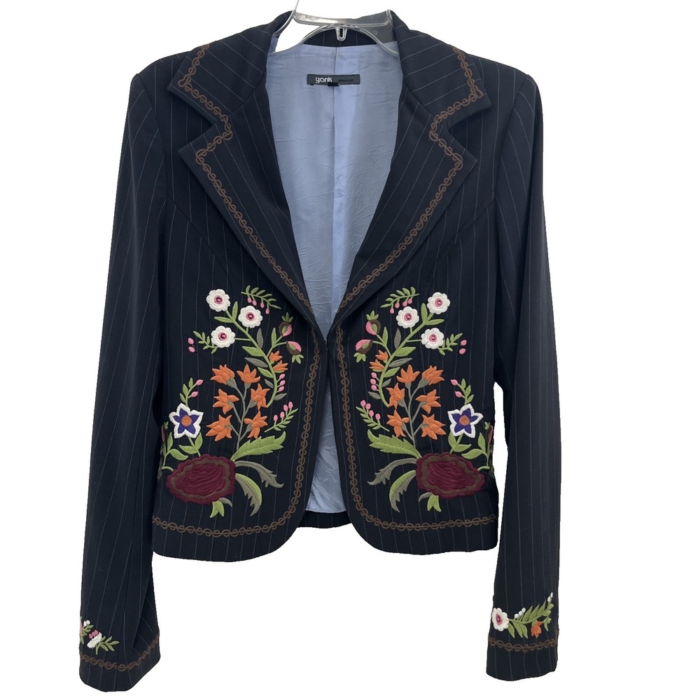 Yank American Women's Jacket Size 9/10 Embroidered Flowers Pinstripe RUNS SMALL